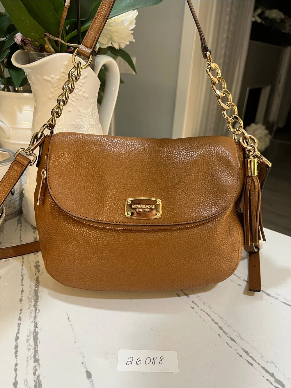 Michael Kors Bedford Brown Pebbled Leather Shoulder Bag with Tassel